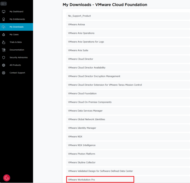 「My Downloads 」→「WMware Workstation Pro」をクリック。