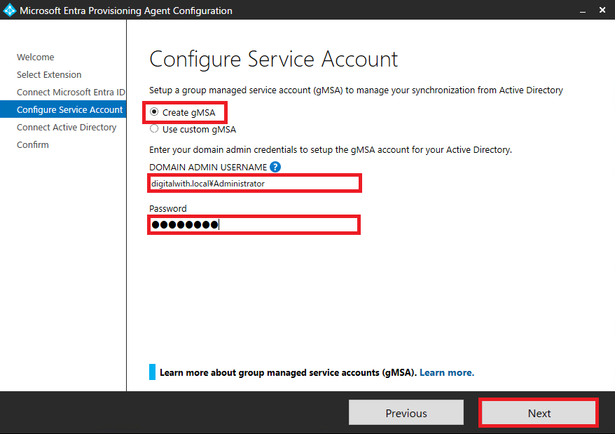 Create gMSAにチェックし、オンプレADの管理者アカウントとパスワードを入力し「Next」ボタンをクリックします。